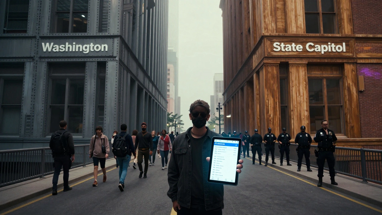Citizen on a bridge between federal and state government buildings, holding a device showing state legislation updates.