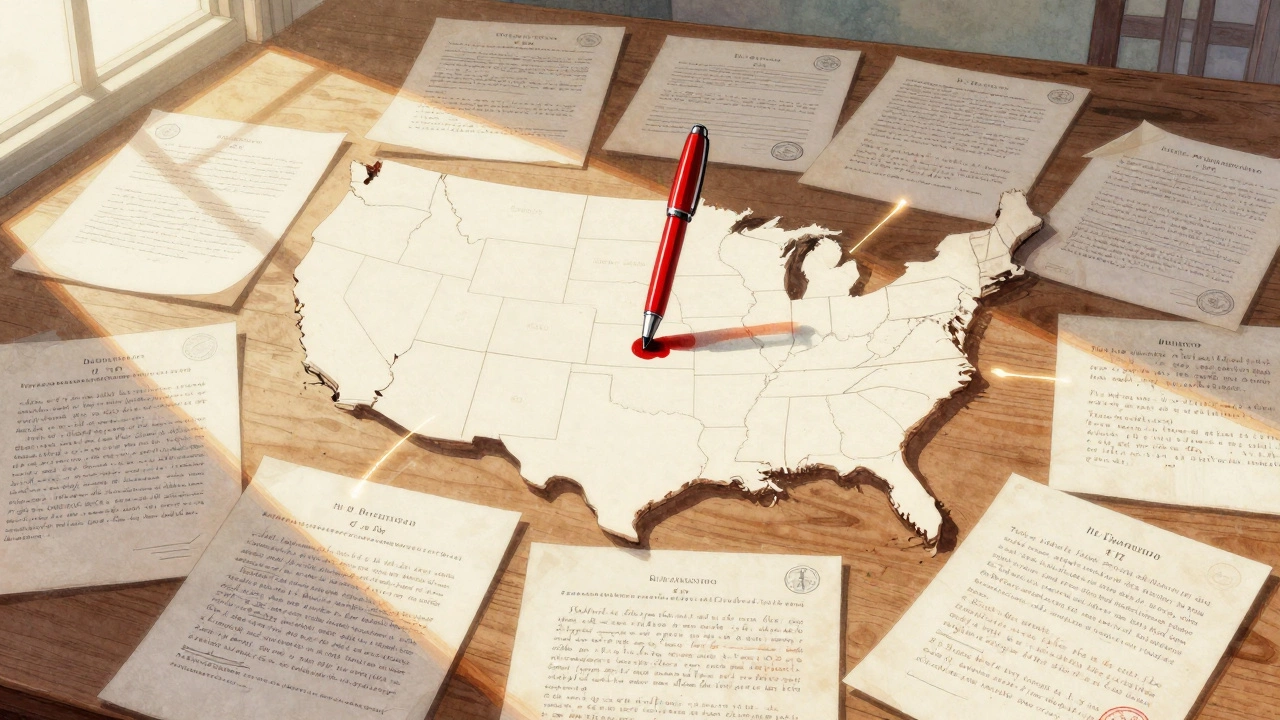 Table covered in legal documents from 17 U.S. states, with ink forming a map of the country.